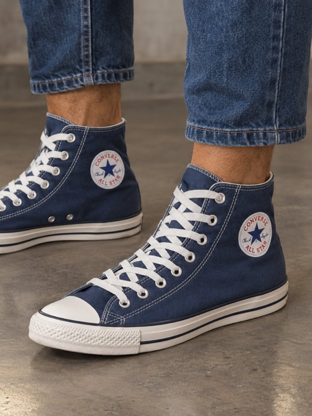 Men Navy High-Top Canvas Sneakers with White Laces